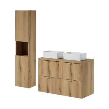 Set mobilier baie, Nova Oak 100 cm, dulap inalt si masca dubla cu lavoar, Comad, PAL, stejar ecc3 imagine