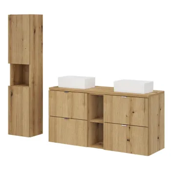Set mobilier baie, Nova Oak 120 cm, dulap inalt si masca dubla cu lavoar, Comad, PAL, stejar 348b imagine