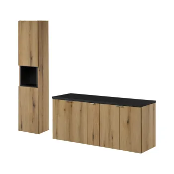 Set mobilier baie Nova Oak 140 cm D HC, dulap inalt si masca dubla lavoar, Comad, MDF/PAL, stejar/negru f300 imagine
