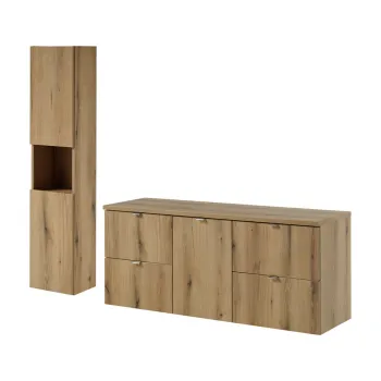 Set mobilier baie, Nova Oak 140 cm, dulap inalt si masca dubla pentru lavoar, Comad, PAL, stejar dcfd imagine
