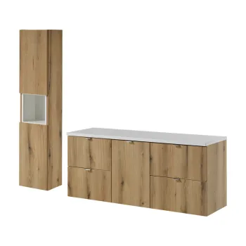 Set mobilier baie Nova Oak 140 cm S HC, dulap inalt si masca dubla lavoar, Comad, MDF/PAL,  stejar/alb d332 imagine