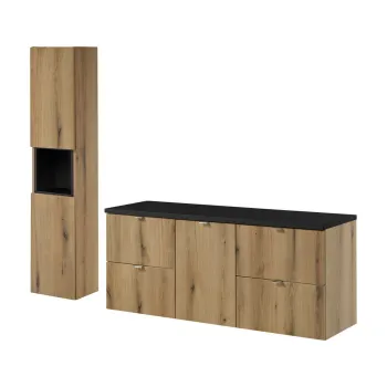 Set mobilier baie Nova Oak 140 cm S HC, dulap inalt si masca dubla lavoar, Comad, MDF/PAL,  stejar/negru cfd3 imagine
