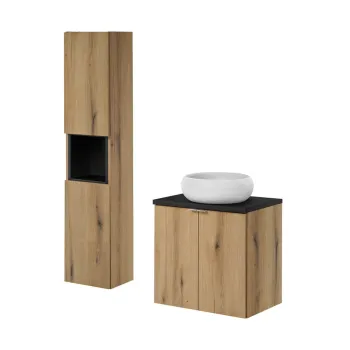 Set mobilier baie, Nova Oak 60 cm D, dulap inalt si masca cu lavoar, Comad, MDF/PAL, stejar/negru 0eb3 imagine
