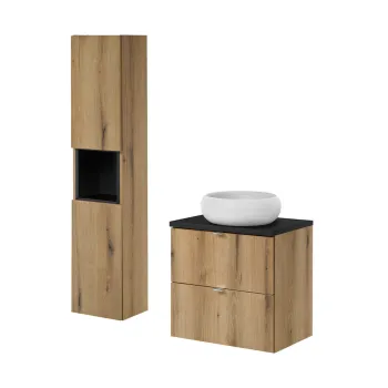 Set mobilier baie, Nova Oak 60 cm S, dulap inalt si masca cu lavoar, Comad, MDF/PAL, stejar/negru 0b51 imagine
