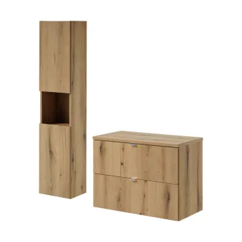 Set mobilier baie, Nova Oak 80 cm S HC, dulap inalt si masca dubla pentru lavoar, Comad, PAL, stejar 7dfb imagine