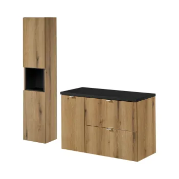 Set mobilier baie Nova Oak 90 cm, dulap inalt si masca lavoar, Comad, MDF/PAL, stejar/negru b780 imagine