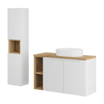 Set mobilier baie Nova White Beyond 100 cm, dulap inalt si masca cu lavoar, Comad, MDF/PAL, alb/stejar bf99 imagine