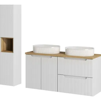 Set mobilier baie Nova White Beyond 120 cm, dulap inalt si masca dubla cu lavoar, Comad, MDF/PAL, alb/stejar bd27 imagine