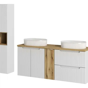 Set mobilier baie Nova White Beyond 140 cm D, dulap inalt si masca dubla cu lavoar, Comad, MDF/PAL, alb/stejar 01c2 imagine