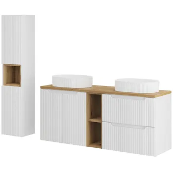 Set mobilier baie Nova White Beyond 140 cm, dulap inalt si masca dubla cu lavoar, Comad, MDF/PAL, alb/stejar 3824 imagine