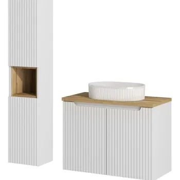 Set mobilier baie Nova White Beyond 80 cm, dulap inalt si masca cu lavoar, Comad, MDF/PAL, alb/stejar 5e52 imagine