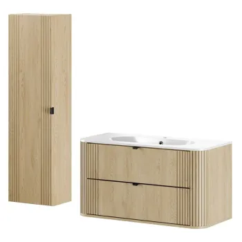 Set mobilier baie, Ovalia Cremona 100 cm, dulap inalt si masca cu lavoar, Comad, MDF/PAL, stejar baf2 imagine