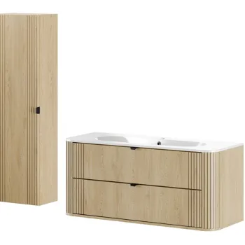 Set mobilier baie, Ovalia Cremona 120 cm, dulap inalt si masca cu lavoar, Comad, MDF/PAL, stejar 735b imagine
