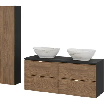 Set mobilier baie Talia Casella 120 cm, dulap inalt si masca dubla cu lavoar, Comad, MDF/PAL, stejar/negru mat 0498 imagine