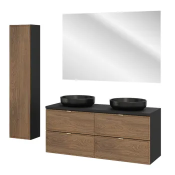 Set mobilier baie Talia Casella 120 cm, dulap inalt si masca dubla cu lavoar si oglinda, Comad, MDF/PAL, stejar/negru mat b95c imagine