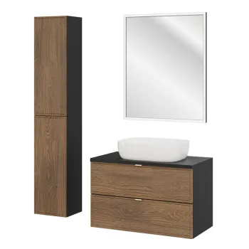 Set mobilier baie Talia Casella 80 cm, dulap inalt, masca cu lavoar si oglinda LED, Comad, MDF/PAL, stejar/negru mat 5176 imagine
