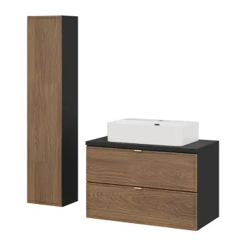 Set mobilier baie Talia Casella 80 cm, dulap inalt si masca cu lavoar, Comad, MDF/PAL, stejar/negru mat 2b5e imagine