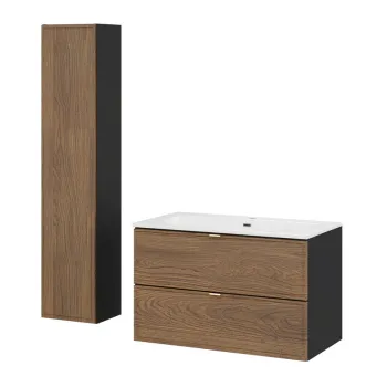 Set mobilier baie Talia Casella 80 cm HC, dulap inalt si masca cu lavoar, Comad, MDF/PAL, stejar/negru mat ba85 imagine