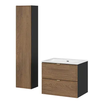 Set mobilier baie Talia Casella Sky 60 cm, dulap inalt si masca cu lavoar, Comad, MDF/PAL, stejar/negru mat f492 imagine