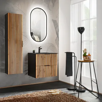 Set mobilier baie Xilo 60 cm, dulap inalt, masca cu lavoar si oglinda LED, Comad, MDF/PAL, negru/stejar e063 imagine