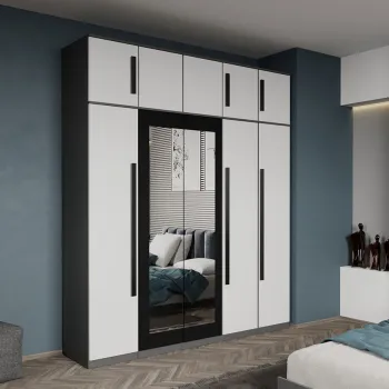 Dulap dormitor 5 usi Gri cu Alb+oglinda 205,4 x 240,3 cm - Dallas bbc6 imagine