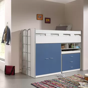 Pat etajat din pal si metal cu birou incorporat, 3 sertare si dulap, pentru copii Bonny High Alb / Albastru, 200 x 90 cm 8b83 imagine