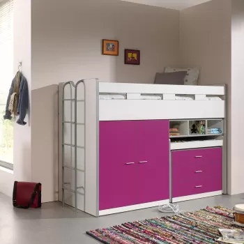 Pat etajat din pal si metal cu birou incorporat, 3 sertare si dulap, pentru copii Bonny High Alb / Fucsia, 200 x 90 cm 9257 imagine