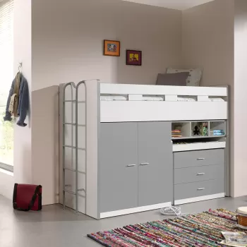 Pat etajat din pal si metal cu birou incorporat, 3 sertare si dulap, pentru copii Bonny High Alb / Gri, 200 x 90 cm 0e4d imagine