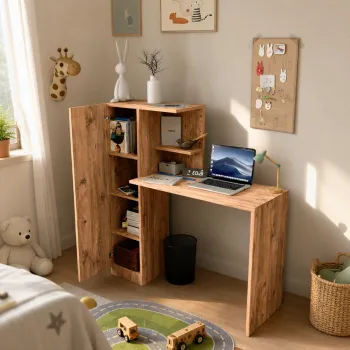 Birou de lucru Melsa din PAL 18 mm, cu rafturi si dulap, 120 x 40 x 122 cm 2b85 imagine