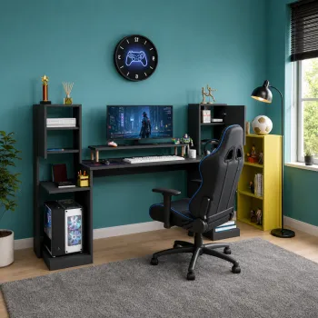 Birou gaming Throne cu biblioteca, rafturi si dulapuri laterale, 183 x 45 x 120 cm 6363 imagine