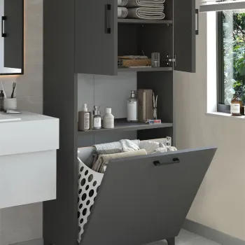 Dulap baie Damla inalt 60 x 175 cm, mobilier baie cu rafturi si cos de rufe integrat, PAL melaminat 18 mm rezistent la umiditate si detergenti, usi cu inchidere silentioasa, stil modern minimalist 9c05 imagine