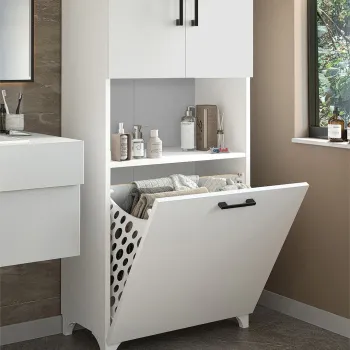 Dulap baie Damla inalt 60 x 175 cm, mobilier baie cu rafturi si cos de rufe integrat, PAL melaminat 18 mm rezistent la umiditate si detergenti, usi cu inchidere silentioasa, stil modern minimalist d454 imagine