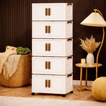 Dulap depozitare pliabil cu usi si roti, organizator multifunctional cu 3, 4 sau 5 rafturi, crem 45 cm 1f58 imagine