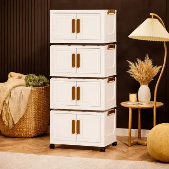 Dulap depozitare pliabil cu usi si roti, organizator multifunctional cu 3, 4 sau 5 rafturi, crem 45 cm 2e7c imagine