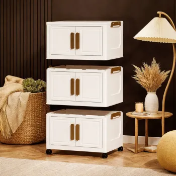 Dulap depozitare pliabil cu usi si roti, organizator multifunctional cu 3, 4 sau 5 rafturi, crem 45 cm e151 imagine