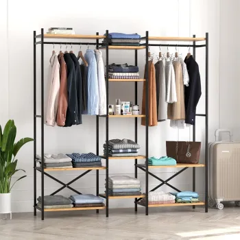 Dulap metalic deschis OpenIX cu 10 rafturi, dressing industrial 120 x 180 cm, 10 compartimente cu bara umerase, cadru metalic + polite PAL melaminat 18 mm, capacitate mare depozitare, stil industrial loft 5707 imagine