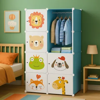 Dulap modular pentru copii, 8 rafturi, durabil, 76X37X147 cm, model cu animalute 9654 imagine