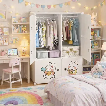 Dulap modular pentru haine copii cu usi si bara pentru umerase, organizator depozitare, model iepuras, alb 75 x 47 x 111 cm 6e5c imagine