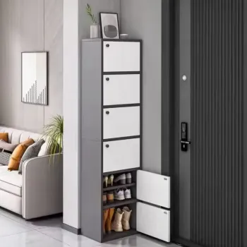 Dulap pantofi vertical, cu usa si rafturi multiple - 42x30x176 cm, Alb/Gri a1f8 imagine