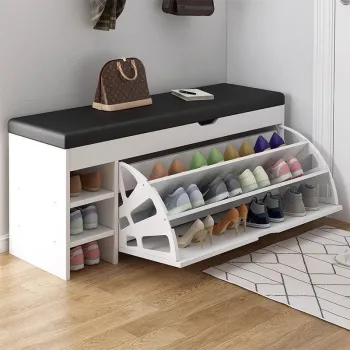 Dulap pentru pantofi tip bancheta, 100 x 30 x 51 cm, Alb/Maro/Gri 48fd imagine