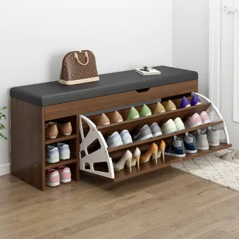 Dulap pentru pantofi tip bancheta, 100 x 30 x 51 cm, Alb/Maro/Gri 7cec imagine