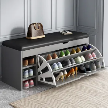 Dulap pentru pantofi tip bancheta, 100 x 30 x 51 cm, Alb/Maro/Gri 8c01 imagine