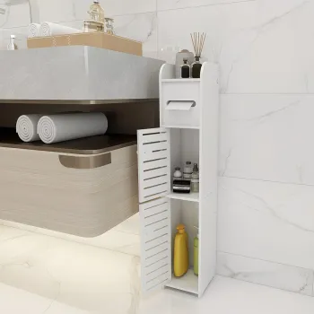 Dulap slim pentru baie cu suport hartie si 3 polite depozitare, alb, 80 cm x 17 cm x 15 cm cc82 imagine