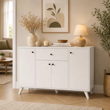 RESIGILAT - Dulap multifunctional 120x43,4x89 cm, cu 4 usi si sertare, pentru bucatarie, camara sau colt de cafea, alb e882 imagine