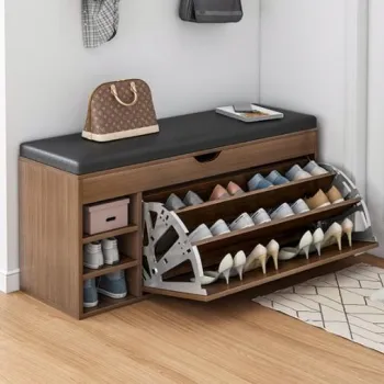 RESIGILAT - Dulap pentru pantofi tip bancheta, 100 x 34 x 51 cm, Alb/Maro 5031 imagine